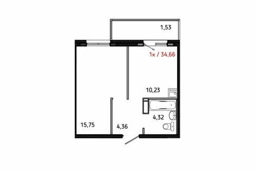 1 комн. - 34,66 м² 1п