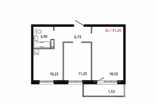 2 комн. - 51,24 м² 1п