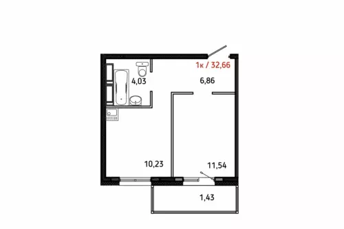 1 комн. - 32,66 м² 1п