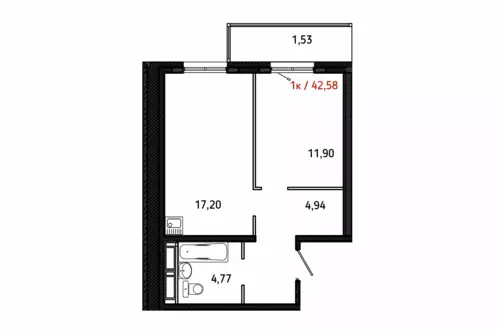 1 комн. - 42,58 м² 1п