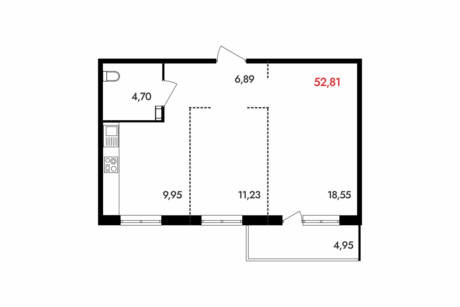 ЖК АРИНСКИЙ, Дом 1 корп. 5, кв. 282, 2-комнатная, 52.8 м²